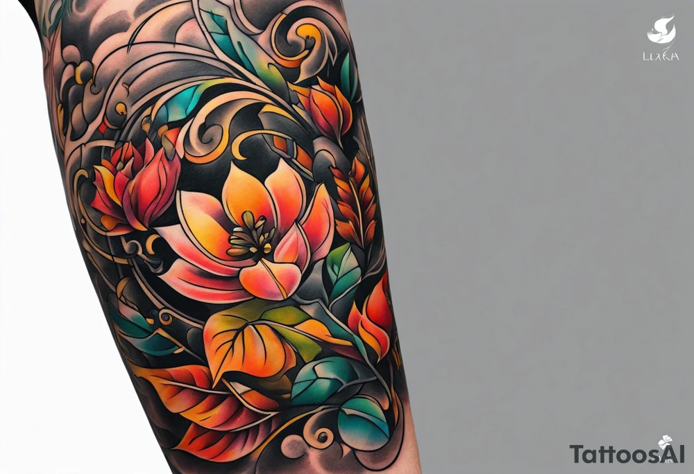 Arm Sleeve Tattoo with fall colors flat tattoo idea