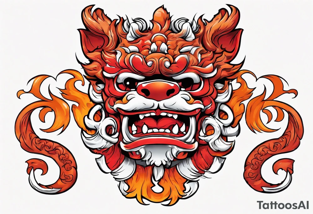 Red and orange Okinawa shisa dogs pair. One with mouth open, one with mouth closed. chest piece tattoo idea