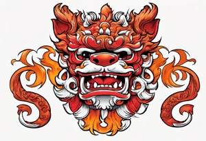 Red and orange Okinawa shisa dogs pair. One with mouth open, one with mouth closed. chest piece tattoo idea