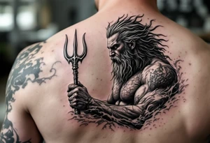 fit poseidon, with trident, in rough water, looking at the horizon tattoo idea