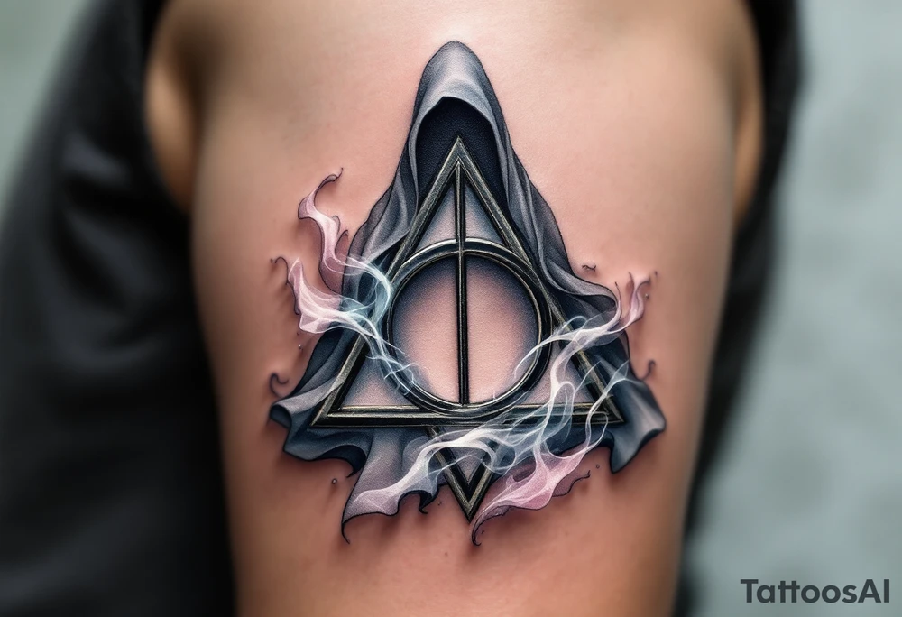 A soft, silvery-gray cloak, flowing around the Deathly Hallows symbol, with faint swirling mist in translucent white and light gray, signifying the cloak’s ability to hide and protect. The cloak shimmers with hints of blue and purple. tattoo idea