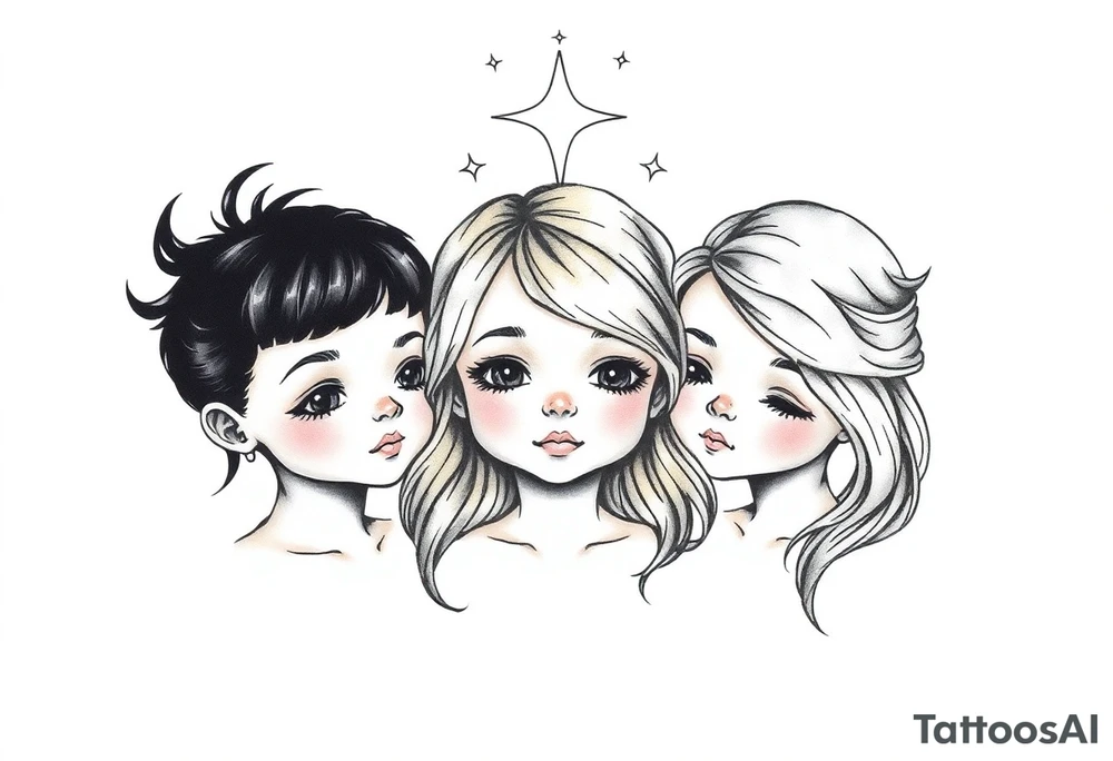 3 petites filles ( une cheveux noir et deux blondes)
sous un arc en ciel divin tattoo idea