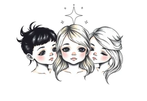 3 petites filles ( une cheveux noir et deux blondes)
sous un arc en ciel divin tattoo idea