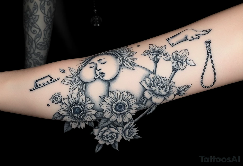 Storm, darkness, seven deadly sins, fat naked woman, peacock, dead sunflower and rosesflowers, razor blades, noose, couple having sex , cupcake ,cigerettes storm clouds tattoo idea