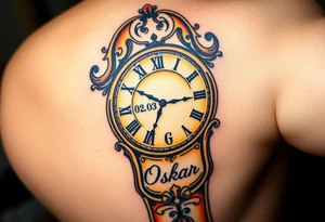 A timeless grandfather clock with delicate engravings, with the birth time and date "02. 03. 2020" and name "Oskar" - glowing in soft golden light, in warm sepia and gold hues tattoo idea