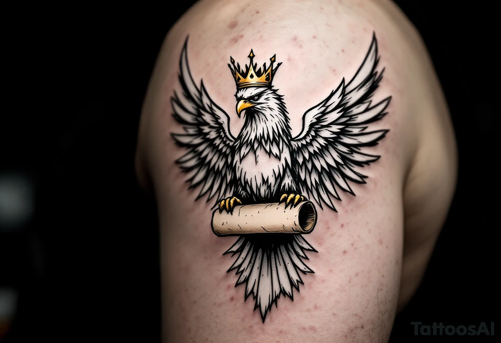 The eagle with golden crown gripping an ancient parchment slightly burnt, giving it an aged and mystical appearance. tattoo idea