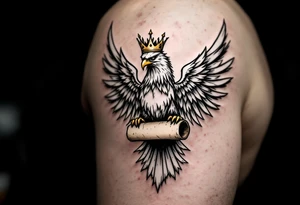 The eagle with golden crown gripping an ancient parchment slightly burnt, giving it an aged and mystical appearance. tattoo idea