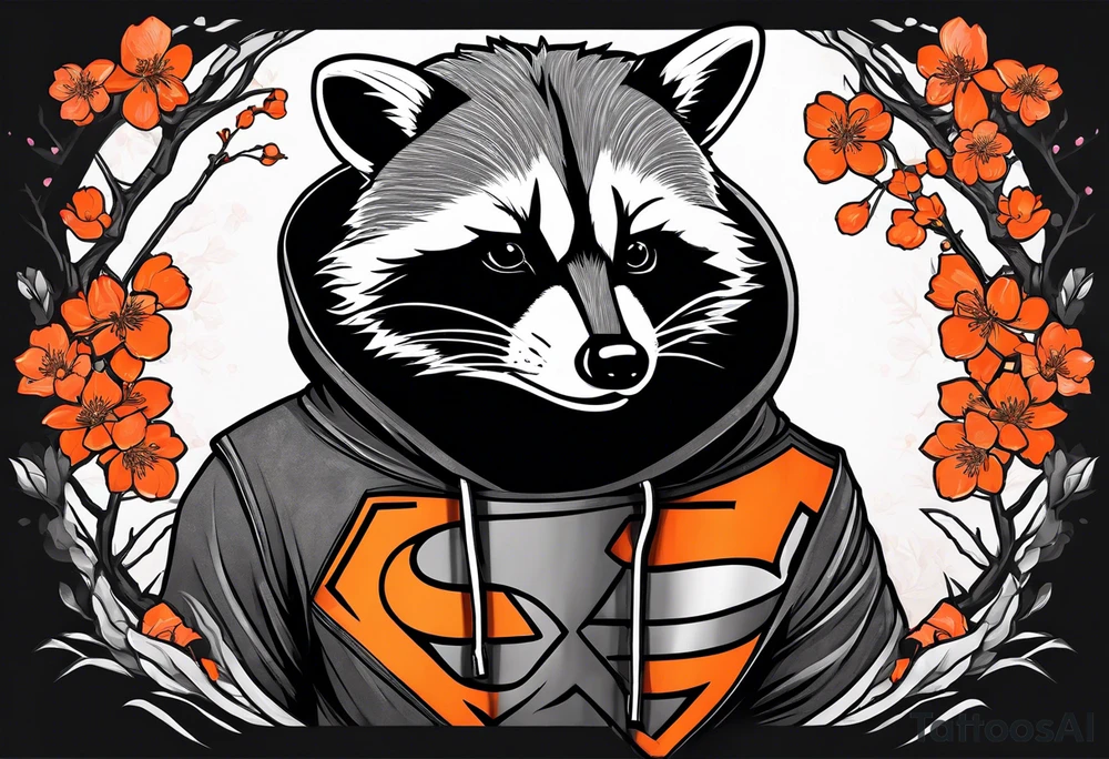 Raccoon wearing a white Superman logo on a black hoodie and orange Japanese cherry blossoms beside tattoo idea