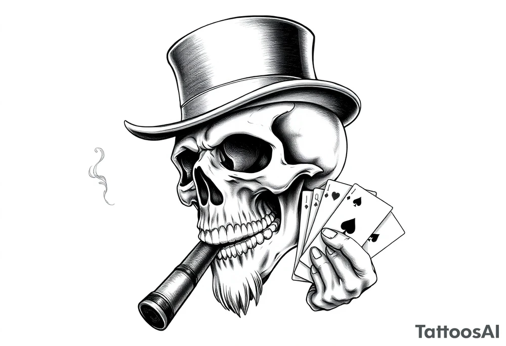 a skull with mustache, a big cigar in his mouth,top-hat on his head and playing cards in a hand. tattoo idea