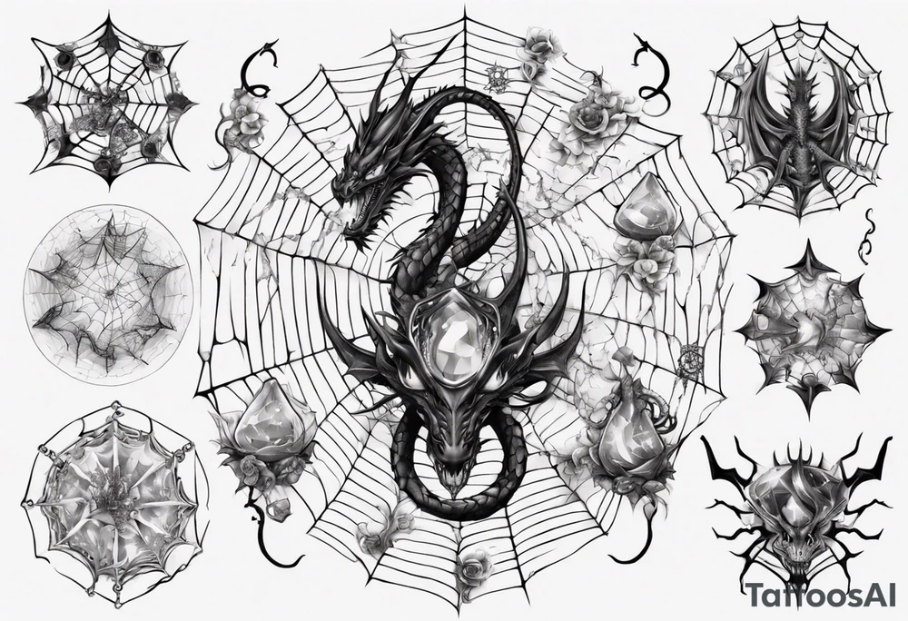 Dragon in a spiral spiderweb with jewels and shattered chalices and one spider tattoo idea