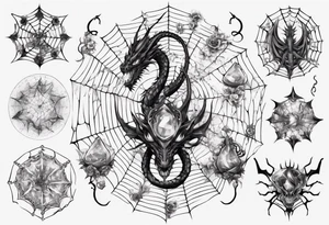 Dragon in a spiral spiderweb with jewels and shattered chalices and one spider tattoo idea