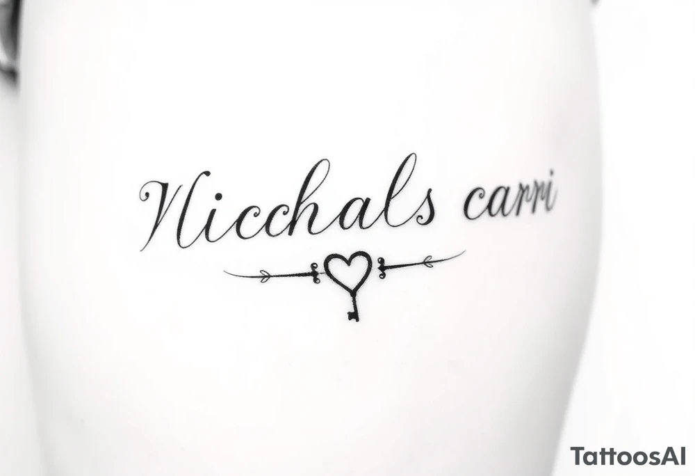 N I c h o l a s C a r r . Cursive font writing with creative swirls running with the letters spelling With a fancy heart and key in it at the end. tattoo idea