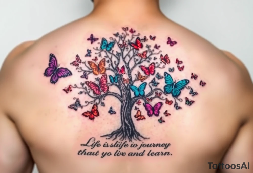 Colorful realistic tree of life with colors purple,red, turquoise,gray , black with 23 beautiful colorful butterflies and the words" Life is a journey that you should live and learn from. tattoo idea