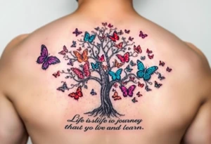 Colorful realistic tree of life with colors purple,red, turquoise,gray , black with 23 beautiful colorful butterflies and the words" Life is a journey that you should live and learn from. tattoo idea