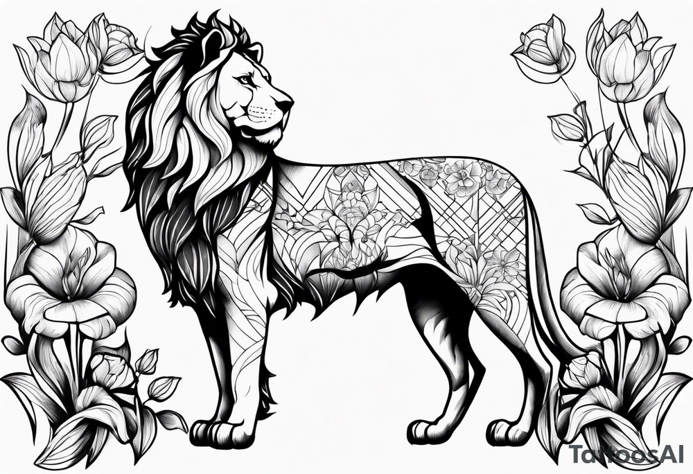 Lion drawn with olines and shading with floral backgrounds and tulips with a butterfly and an amstaff dog. tattoo idea