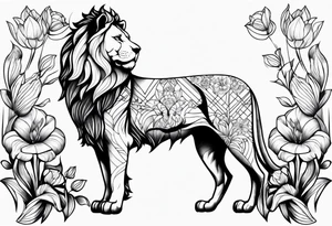 Lion drawn with olines and shading  with floral backgrounds and tulips with a butterfly and an amstaff dog. tattoo idea