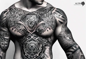 Ciberpunk sleeve tattoo, drawing energy from a power crystal at de left pectoral tattoo idea