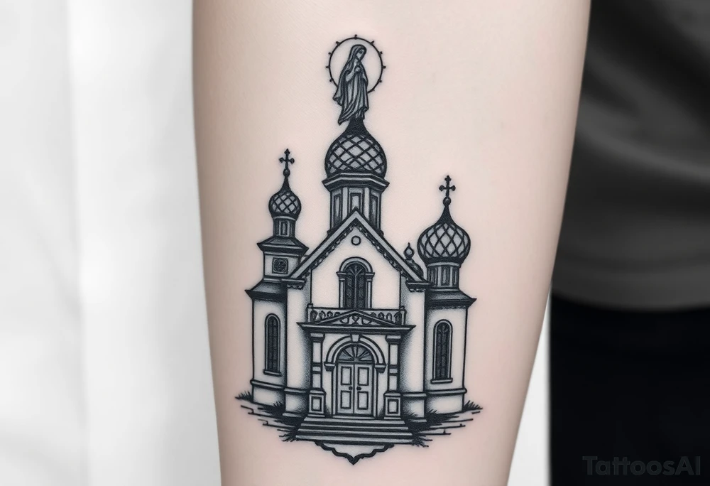 in a dorsal view a detailed medium sized country style orthodox church with onion domes and a band at the front with mist shrouding the top and fading into a virgin mary overlooking above at the top tattoo idea