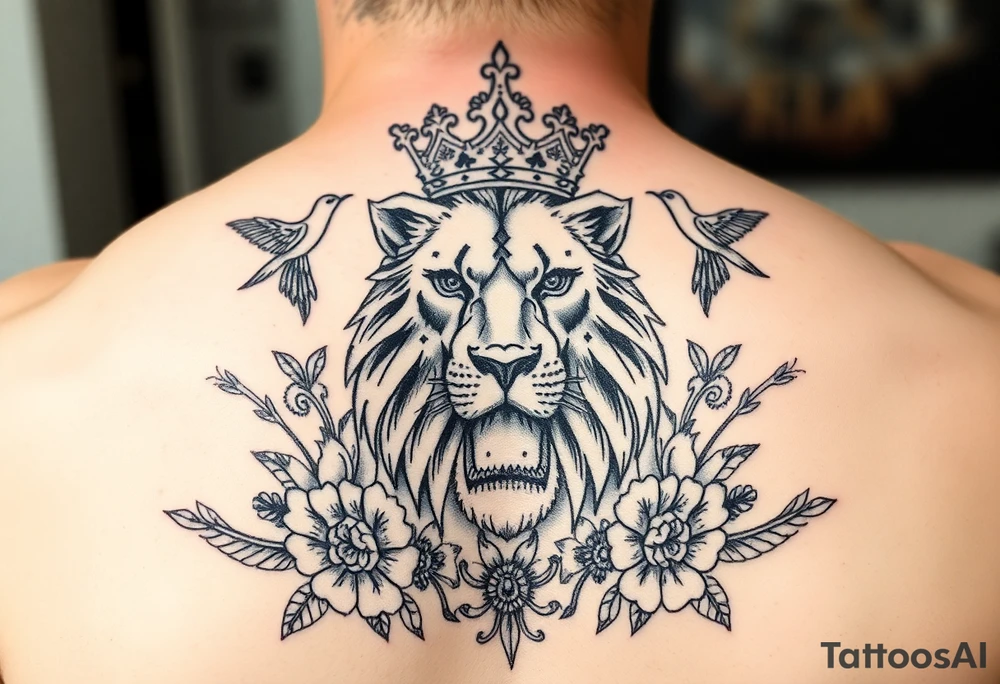 powerful majestic lion with a crown, surrounded by floral ornaments and birds tattoo idea