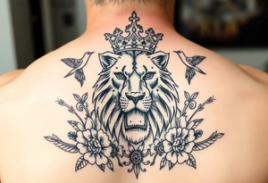 powerful majestic lion with a crown, surrounded by floral ornaments and birds tattoo idea