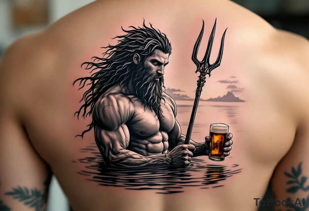 young, fit poseidon in calm water, holding a trident, holding a beer, with sunset tattoo idea