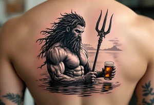 young, fit poseidon in calm water, holding a trident, holding a beer, with sunset tattoo idea