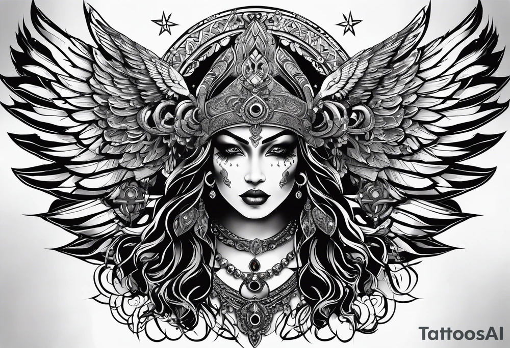 black kali, goddess pirate, alien, angel, pachamama, valkrye, warrior, skull, lotus azul, wing, eagle, zenza resonance, stars, 5D, anahata chakra tattoo idea