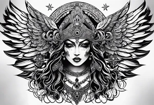 black kali, goddess pirate, alien, angel, pachamama, valkrye, warrior, skull, lotus azul, wing, eagle, zenza resonance, stars, 5D, anahata chakra tattoo idea
