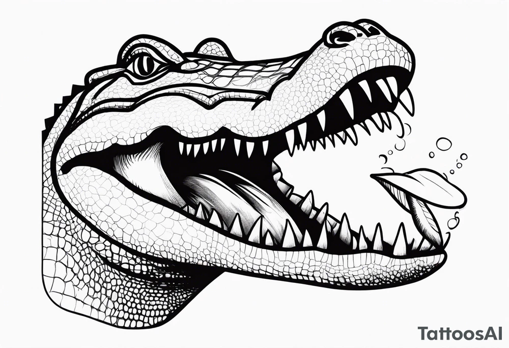 Alligator head with woman’s legs sticking out of mouth and a bikini top stuck on its teeth tattoo idea