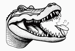 Alligator head with woman’s legs sticking out of mouth and a bikini top stuck on its teeth tattoo idea