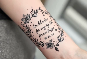 Quote: "En del av deg for evig tid. 
Pappa 20.12.24"
Surround the quote with delicate long blossom gladious, music notes, hearts and an anchor tattoo idea