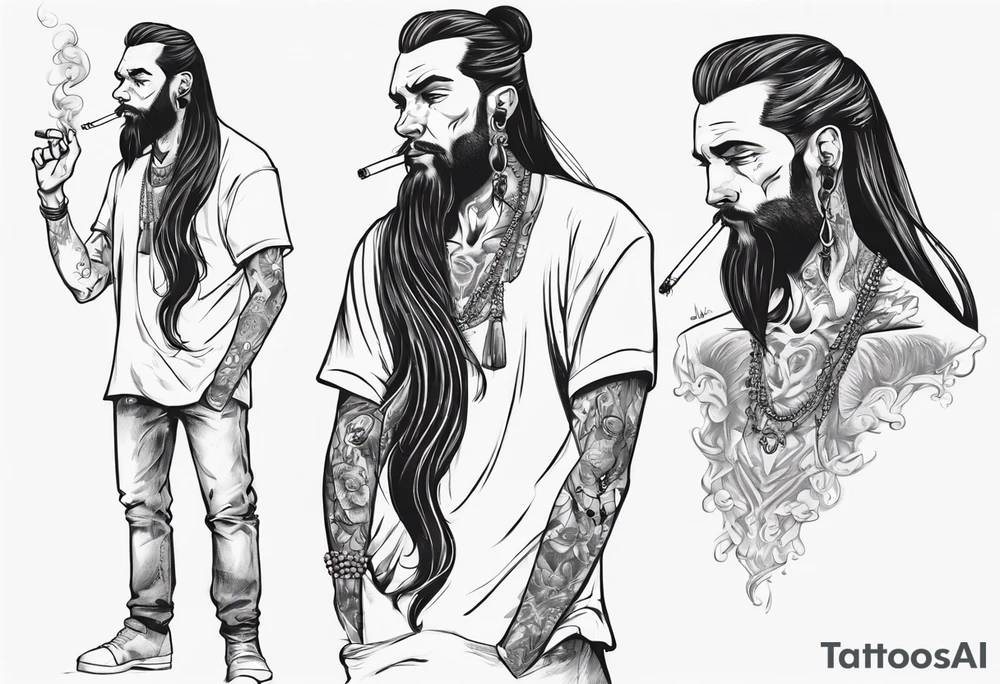 A man standing full-length, with long hair in a ponytail, no beard, smoking a cigarette, with earrings in his ears, no headgear tattoo idea