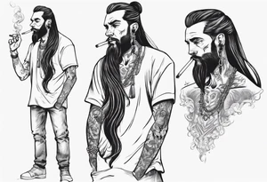 A man standing full-length, with long hair in a ponytail, no beard, smoking a cigarette, with earrings in his ears, no headgear tattoo idea