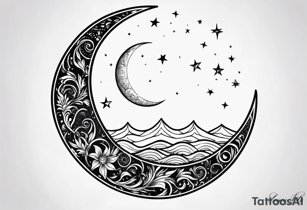 Waning crescent moon over sun tattoo idea