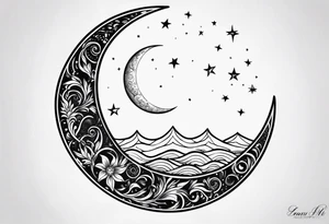 Waning crescent moon over sun tattoo idea