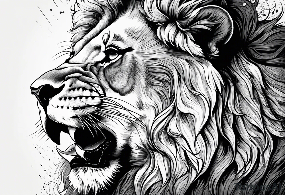 A roaring lion’s face with a flowing mane, emphasizing strength and courage, detailed fur textures tattoo idea