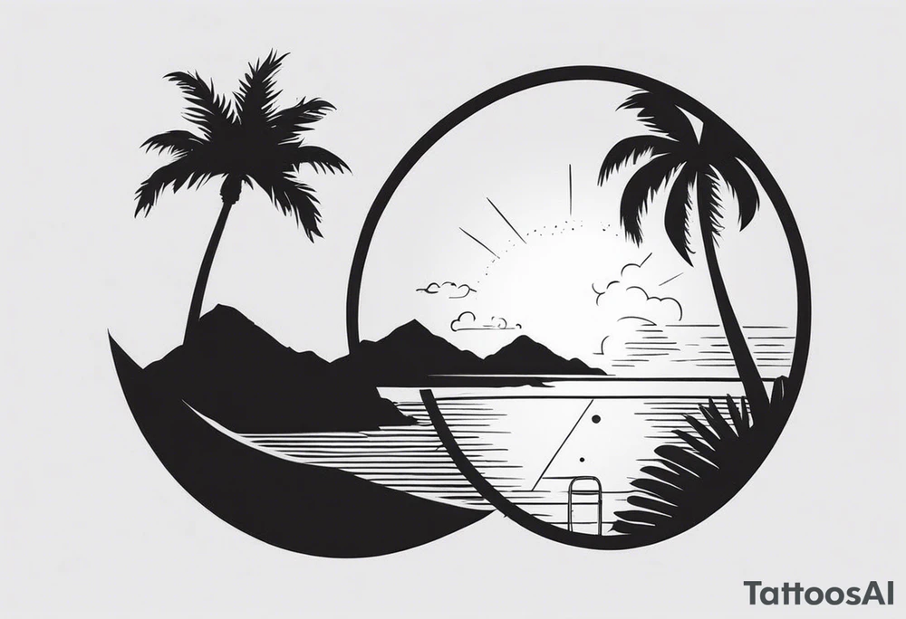 a minimalist tattoo of a sun and a palm tree with the words good vibes below it, make it only small and can fit in a circle tattoo idea