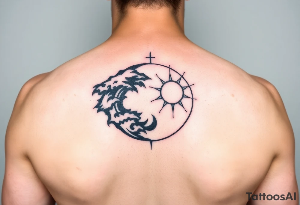 yin-yang one side storm one side sunshine meditative silhouette tattoo idea