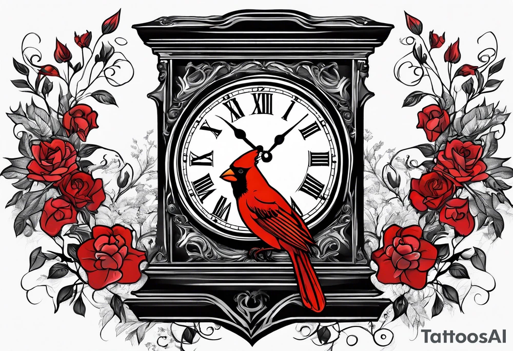 Trees, flowers, clock, red cardinal, representing growth from grief tattoo idea