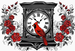 Trees, flowers, clock, red cardinal, representing growth from grief tattoo idea