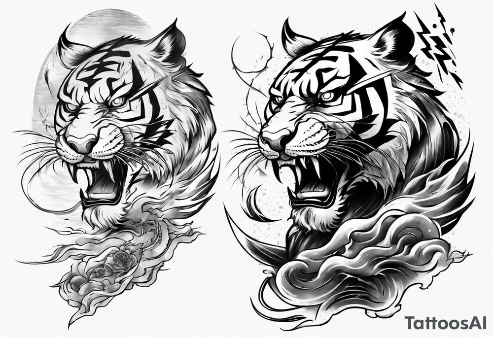 tiger warrior with lightning and the sun for a forearm sleeve tattoo idea