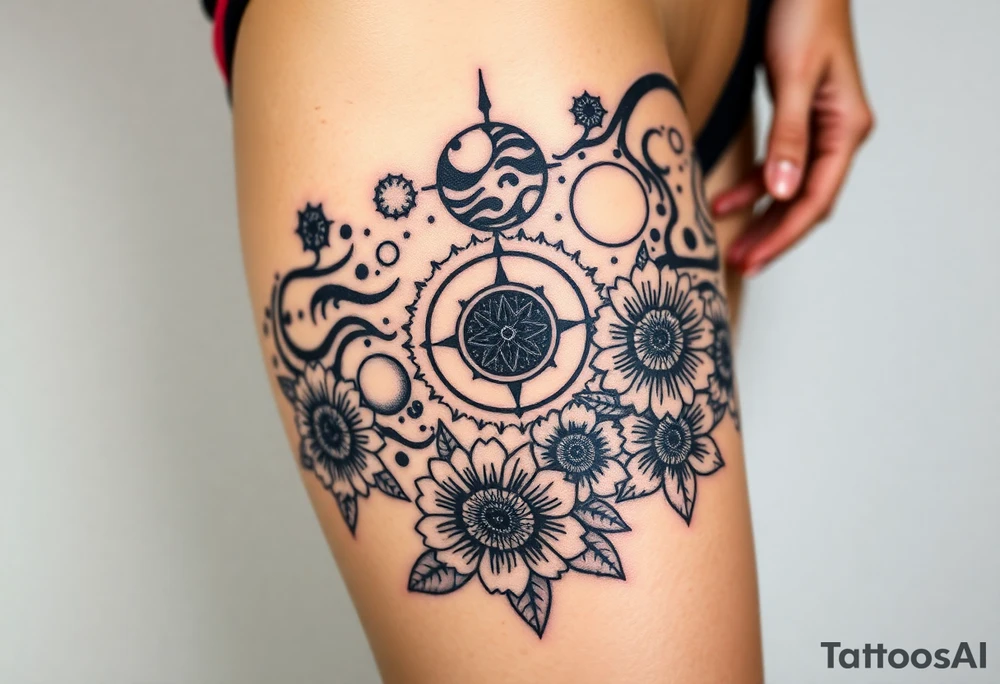 Milky way galaxy with planets with zodiac symbols and protection runes in it with tigerlillies roses and sunflowers tattoo idea