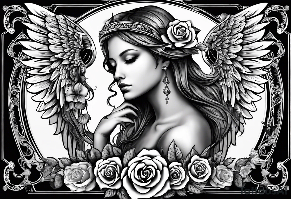 MARCH 20, 2013 IN ROMAN NUMERALS WITH ANGEL WINGS AND A HALO INCORPORATE ROSE tattoo idea