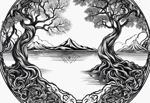 Yin and yang symbol formed by interconnected tree roots tattoo idea