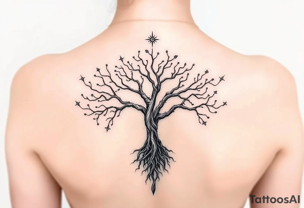 mystical tree of life with cosmic roots and celestial branches tattoo idea