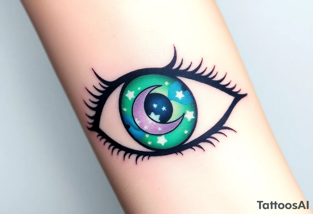 Large outline of an eye shaped like an almond with eye colored greenish blue with long pretty black eyelashes + spade symbol  for the eyeball inside of the eye + a crescent moon stars and clouds inside of the eyeball only + using vivid colors like blue green purple light blue light green light purple tattoo idea