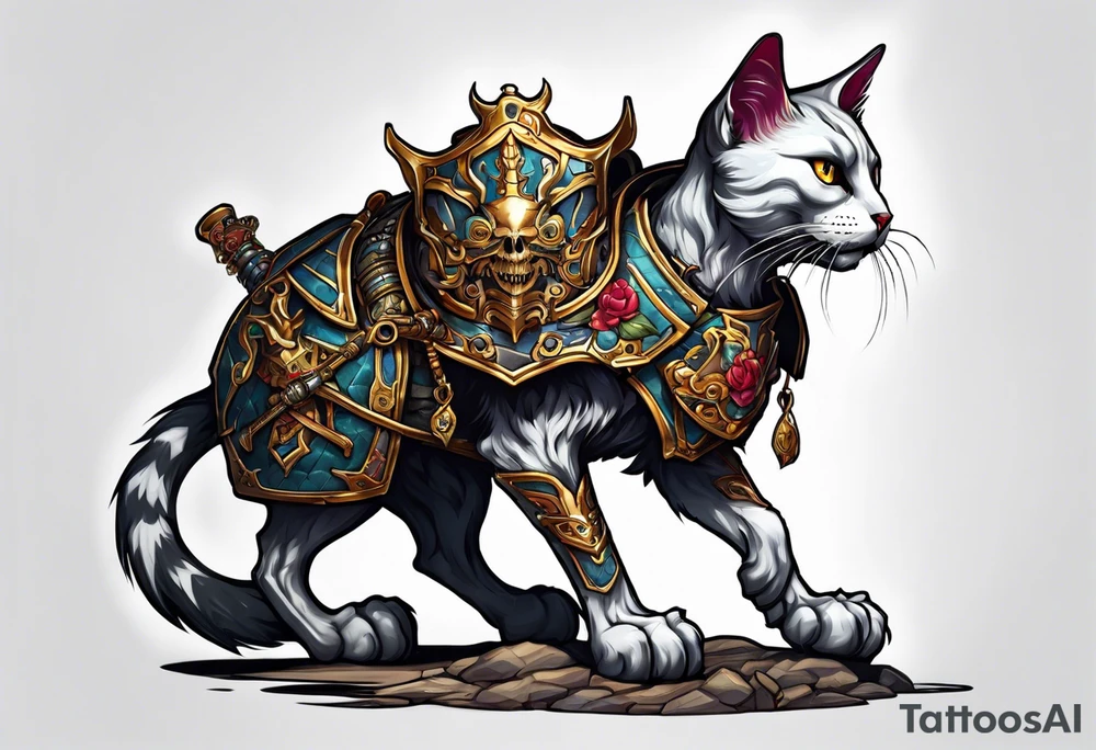 Skeleton cat in armor tattoo idea