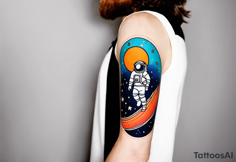 space themed arm sleeve. I want a feeling of being above it all. I like man on the move imagery inspired by kid cudi. In a neo trad arm sleeve tattoo idea
