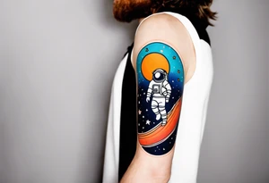 space themed arm sleeve. I want a feeling of being above it all. I like man on the move imagery inspired by kid cudi. In a neo trad arm sleeve tattoo idea