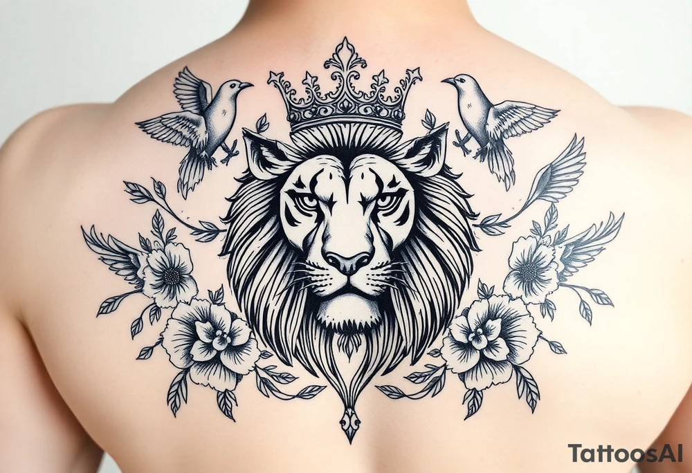 powerful majestic lion with a crown, surrounded by floral ornaments and birds tattoo idea
